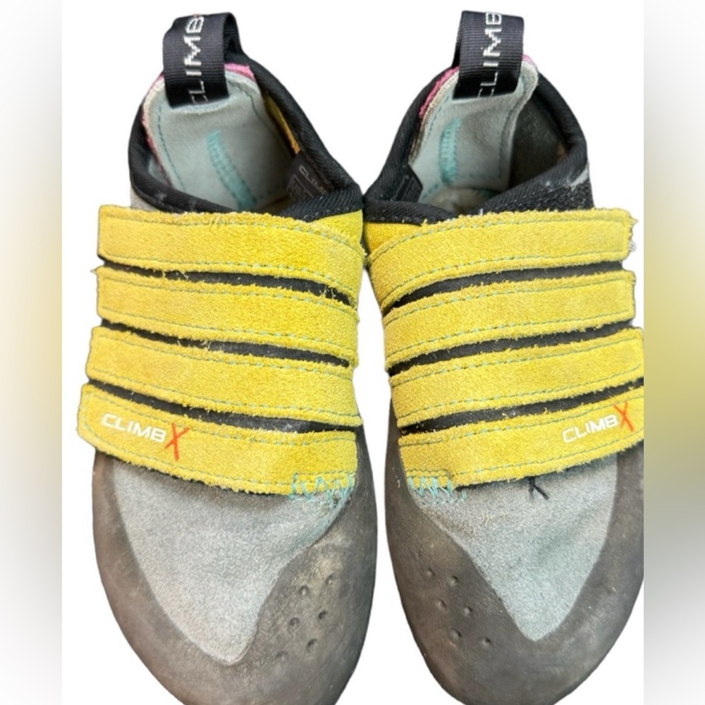 Climb X Kinder Kids 12 Rock Climbing Shoes Grey Yellow Easy On Hook & Loop Strap
